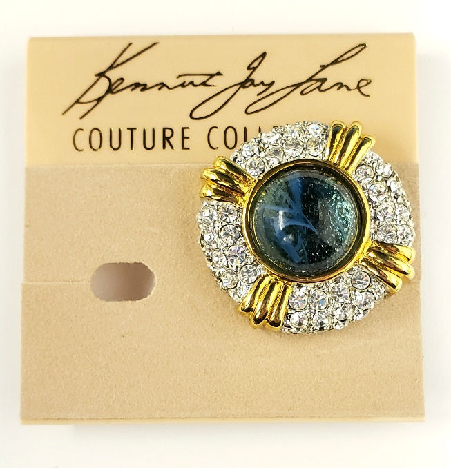 Gold Two-tone Crystal Sapphire Center Button Clip Earring