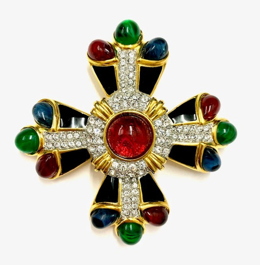 3" Gold Rhine Black Enamel Emerald- Sapphire- Ruby with Ruby Center Cross Pin