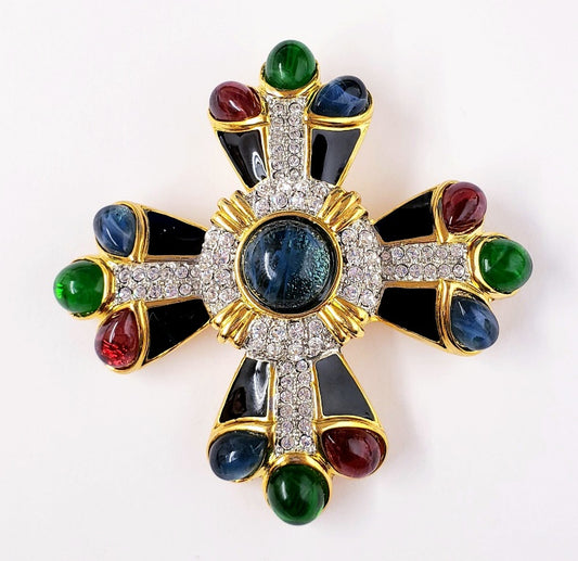 3" Gold Rhine with Black Enamel Ruby- Emerald- Sapphire Sides with Sapphire Center Cross Pin