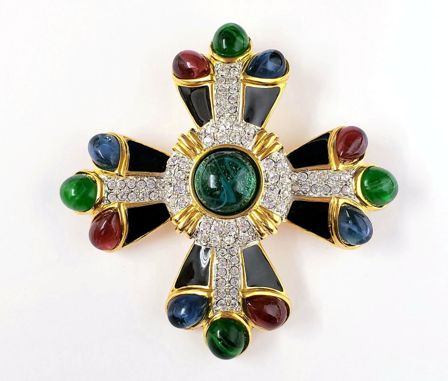 3" Gold with Rhine- Black Enamel Emerald- Sapphire Sides w- Emerald Center Cross Pin