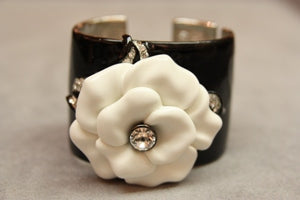 Black White-Crystal Center Flower Hinged Cuff