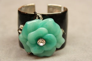 Black Jade-Crystal Center Flower Hinged Cuff