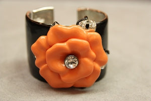 Black Coral-Crystal Center Flower Hinged Cuff