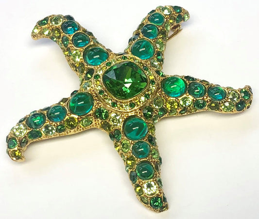 Gold Multi Green Crystals-Emerald Cabochons Starfish Pin