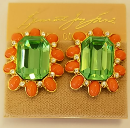 Rectangle Stone Clip Earring Coral Sides and Peridot Center