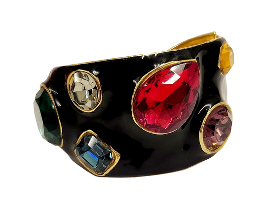 Black Enamel Hinged Cuff Bracelet with Multi Dark Gem Stones