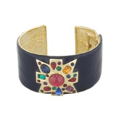 Narrow Black Enamel Multi Dark Gem and Ruby Center Maltese Cross Cuff