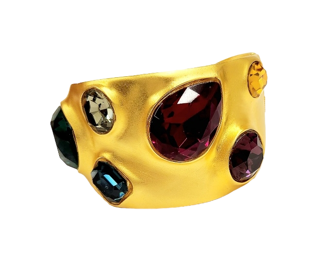 Satin Gold with Multi Dark Gem Stones Hinged Cuff Bracelet