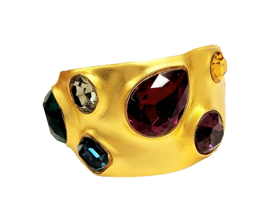 Satin Gold with Multi Dark Gem Stones Hinged Cuff Bracelet
