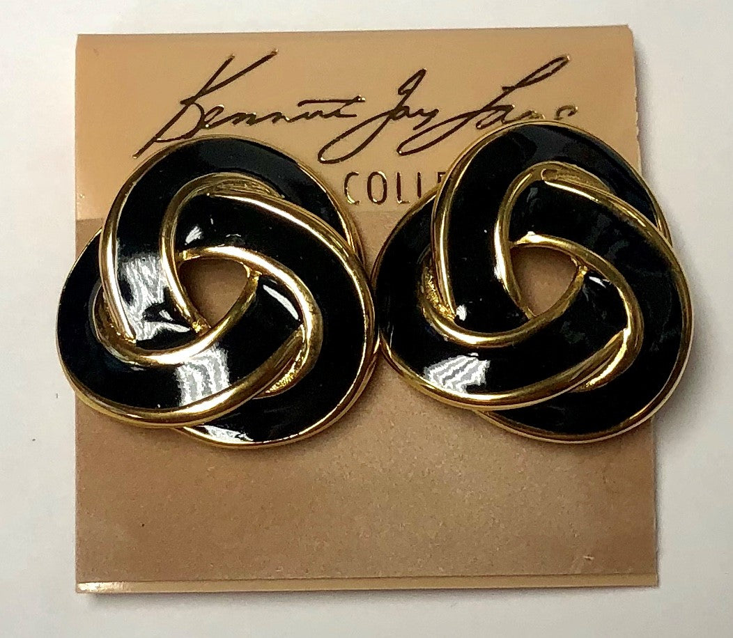 Gold Black Enamel Knot Clip Earring