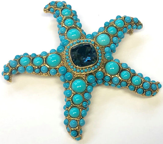 Gold With Turquoise Cabochons And Sapphire Center Starfish Pin