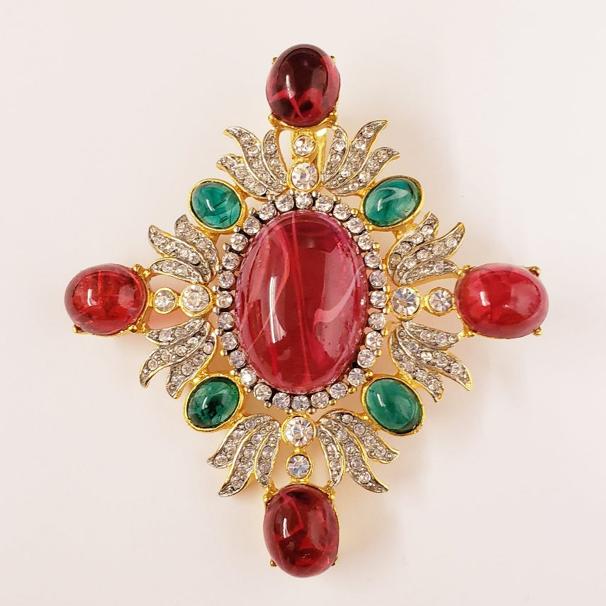 3" x 2 1-4" Gold Crystal Ruby- Emerald with Ruby Center Flaw Stones Cluster Pin