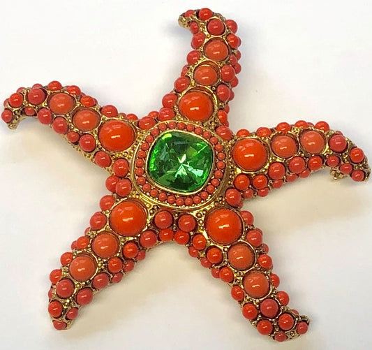 Gold With Coral Cabochons And Peridot Center Starfish Pin