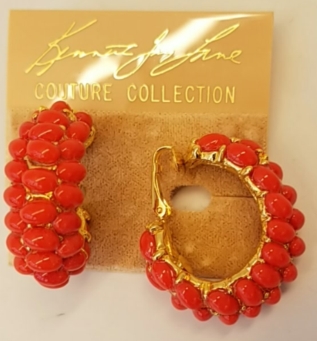 Dark Coral Cabochon Hoop Clip Earring on Gold