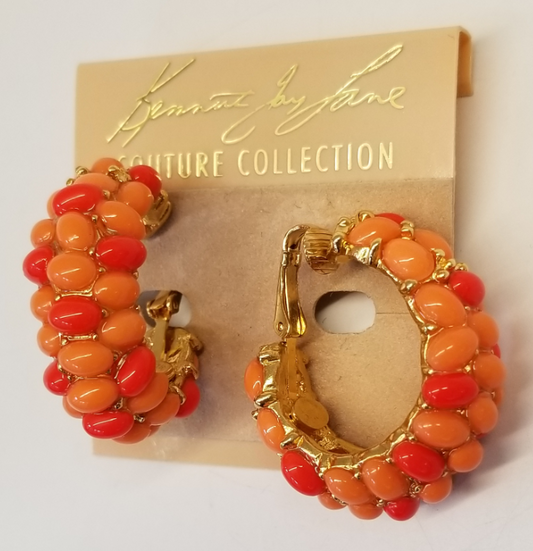 Two Tone Coral Cabachon Hoop Earring on Gold