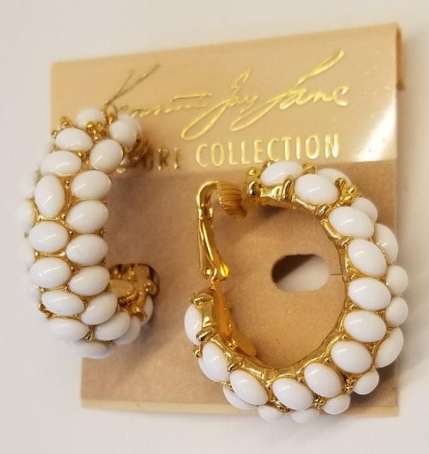 Gold and White Cabachon Hoop Earring