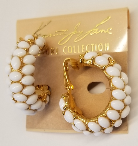 Gold and White Cabachon Hoop Earring