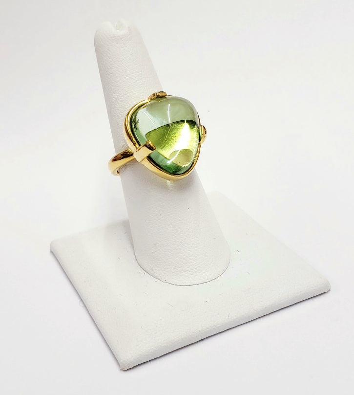 Gold Peridot Glass Cabochon 3 Prong Adjustable Ring