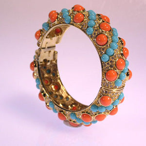 Gold and Crystal Light Coral and Turquoise Hinged Bracelet