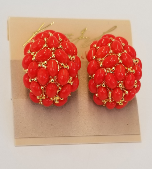 Dark Coral Cabochon Cluster Hoop Earring