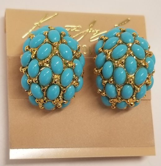 Gold and Turquoise Cabachon Cluster Hoop Earring