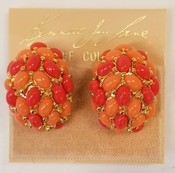 Gold and Two Tone Coral Cabachon Hoop Earring