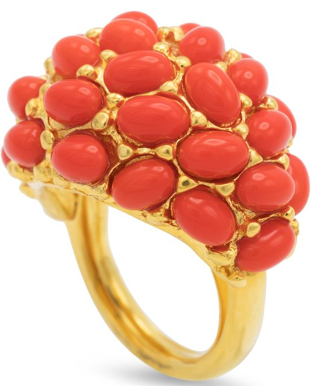 Gold and Dark Coral Cabochon Adjustable Ring