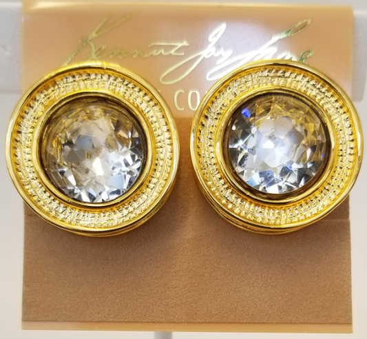 Jackie O Gold and Crystal Round Headlight Clip Earring