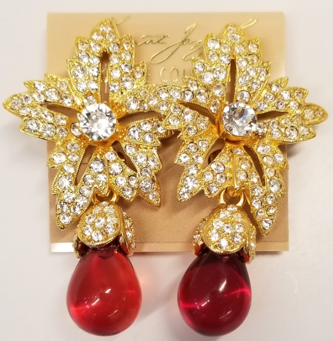 Jackie Onassis Gold-Crystal Top Ruby Drop Clip Earring