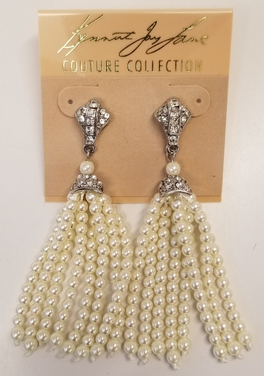 Rhodium Crystal Top With Pearl Tassels Pierced Earring