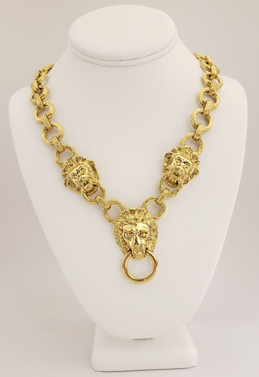 19" Gold Link with 3 Lionheads and Fold Over Clasp