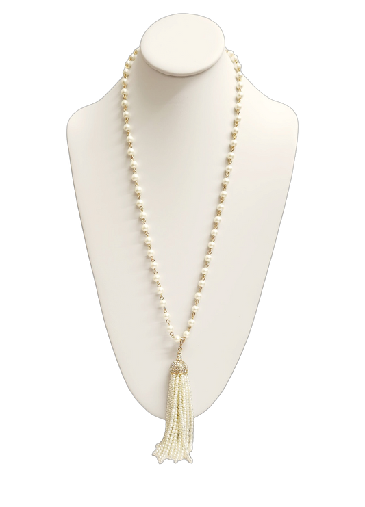 32" Pearl with Gold Spacers & Gold Crystal Cap Pearl Tassels S Hook Necklace