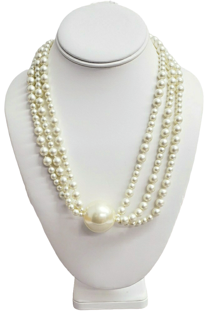 18" 3 Row White Pearl Large White Pearl Station Necklace With Gold Clasp