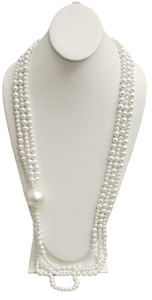 36" 3 Row White Pearl Large White Pearl Station Necklace With Gold Clasp