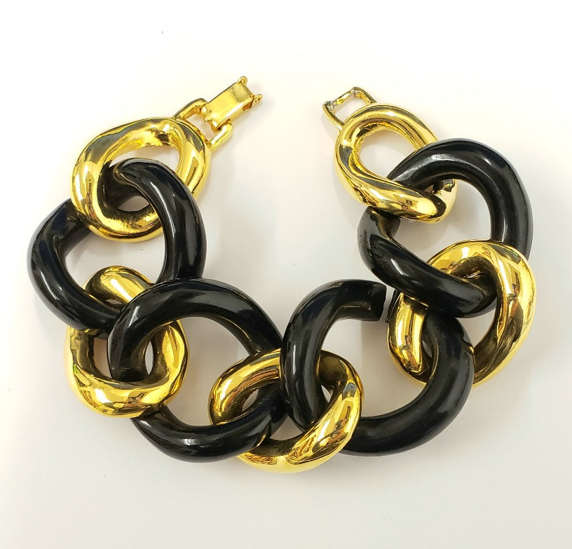 8" Polished Gold with Black Link Bracelet with Fold-over Clasp