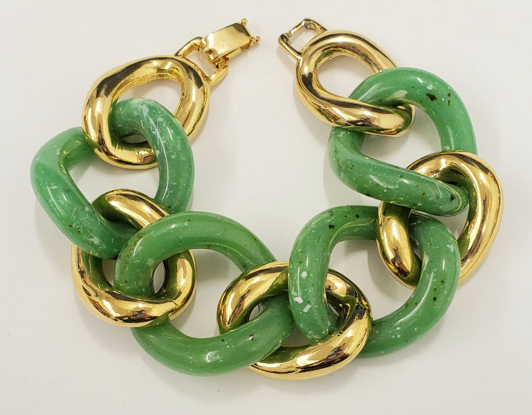 8" Polished Gold with Jade Link Bracelet fold-over clasp