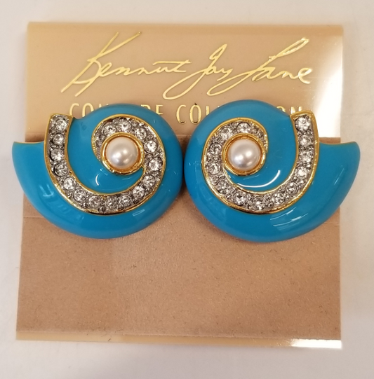 Turquoise Enamel Crystal Accents Pearl Center Shell Clip Earring