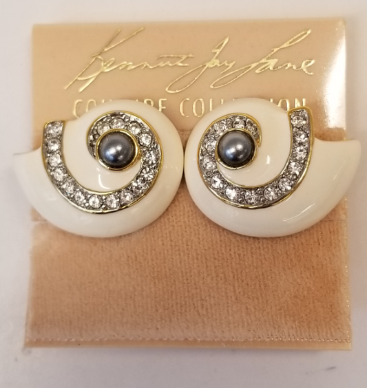 White Enamel and Crystal Snail Clip Earring