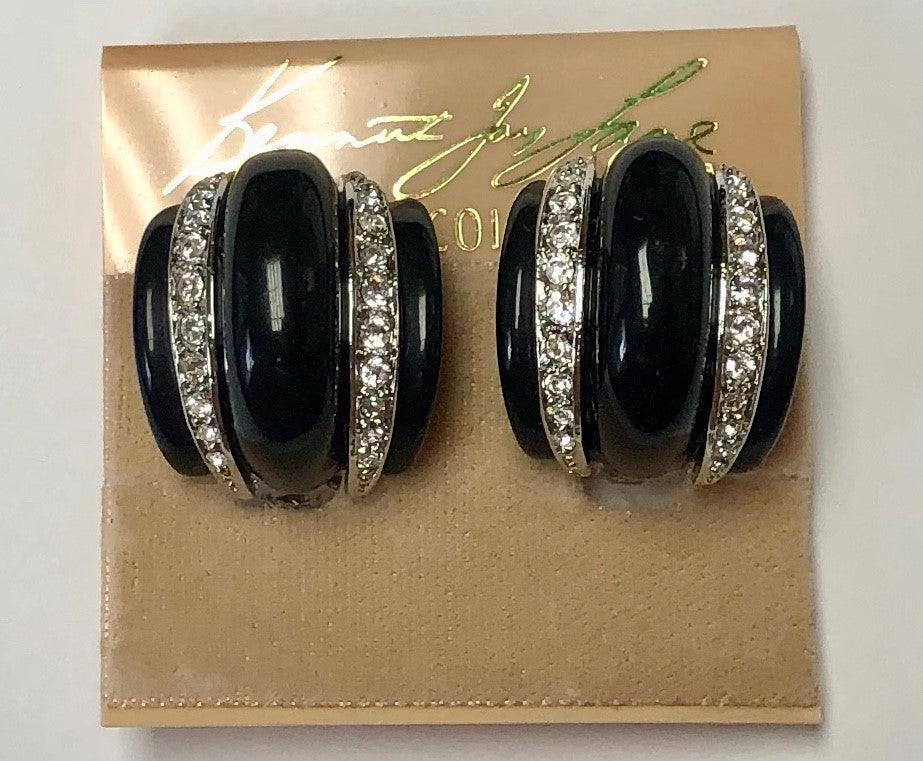Black with Double Crystal Bands Clip Earring