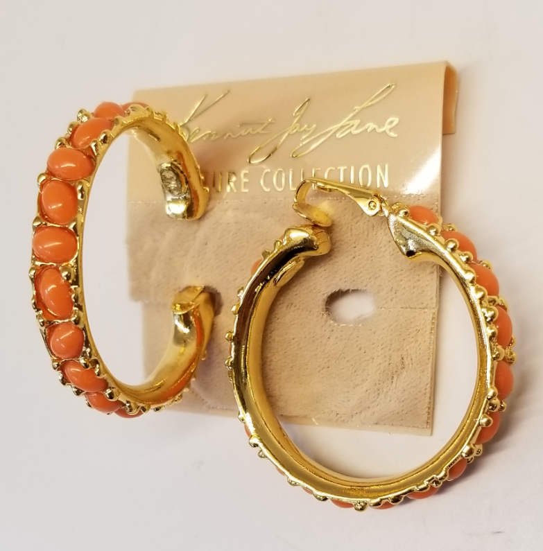 Gold- Medium Coral Cabachons Hoop Clip Earring