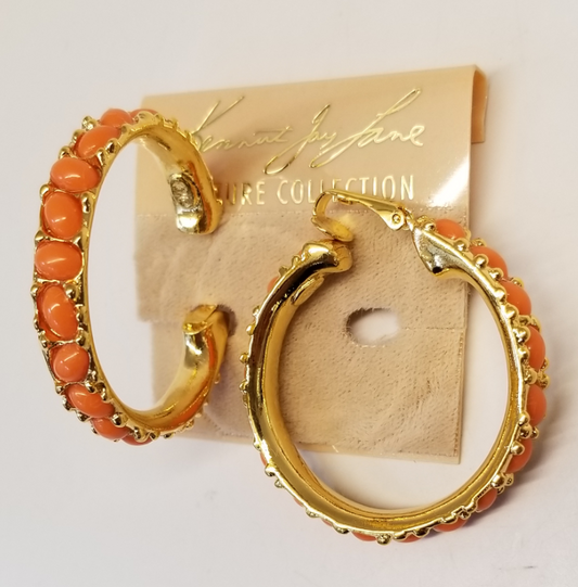 Gold- Medium Coral Cabachons Hoop Clip Earring