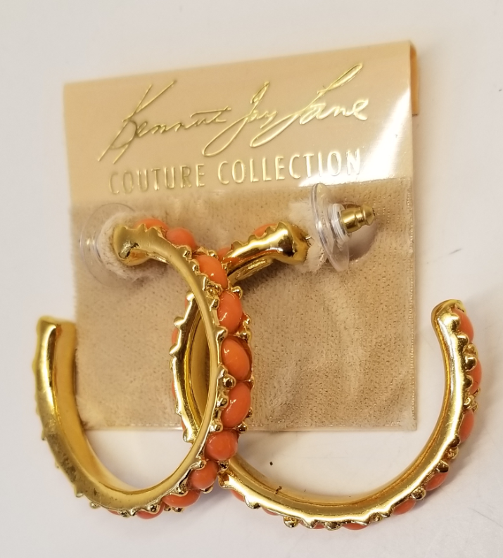 Medium Gold and Coral Cabachons Hoop Pierced Earring