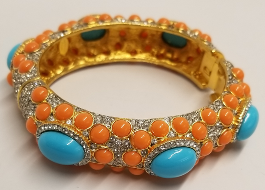 Gold and Crystal Turquoise and Light Coral Hinged Bracelet