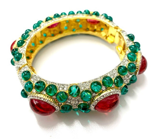 Gold 2 Tone Rhinestone with Flaw Ruby Center & Flaw Emerald Sides Bracelet