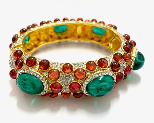 Gold 2 Tone Rhinestone With Flaw Emerald Center & Flaw Ruby Sides Bracelet