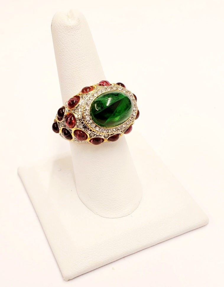 Gold Rhinestone with Emerald Center Ruby Cabochons Sides Adjustable Ring