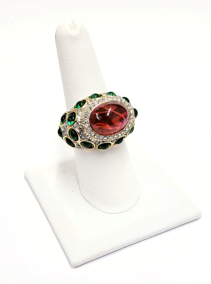 Gold Rhinestone Ruby Center Emerald Cabochons Sides Adjustable Ring