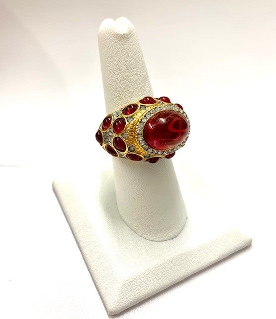 Gold- Two Tone Rhinestone Flawed Ruby Adjustable Ring