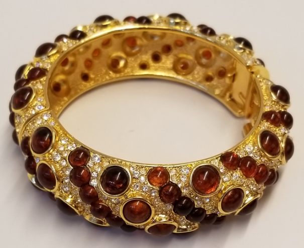 Gold and Crystal Tortoise Cabachons Domed Hinged Bracelet