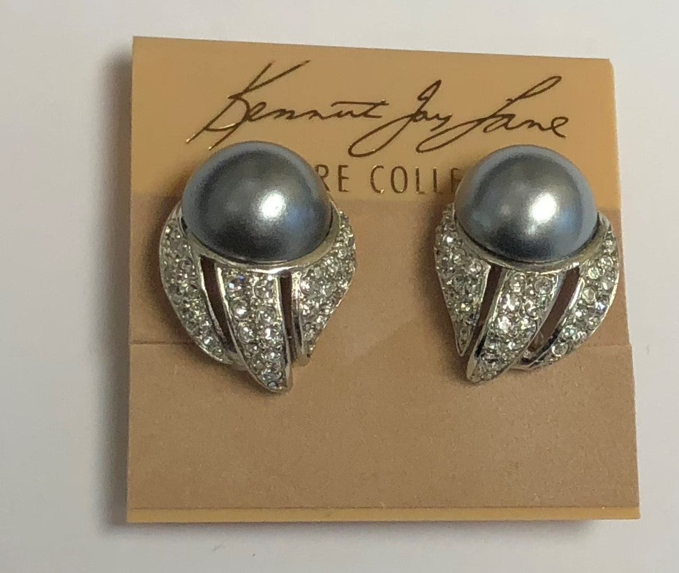 Rhodium Crystals And Grey Pearl Button Clip Earring